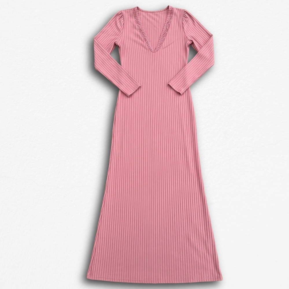 Pink Ribbed Knit V-Neck Maxi Dress Long Sleeve Lace Trim Juniors Large
